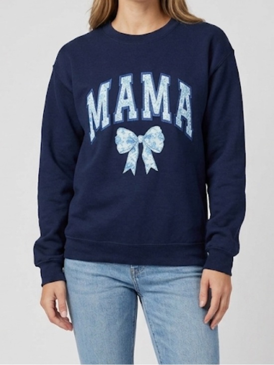 Tops - Mama Sweatshirt Navy Small Blue Floral Bow Coquette Preppy Momma Crewneck